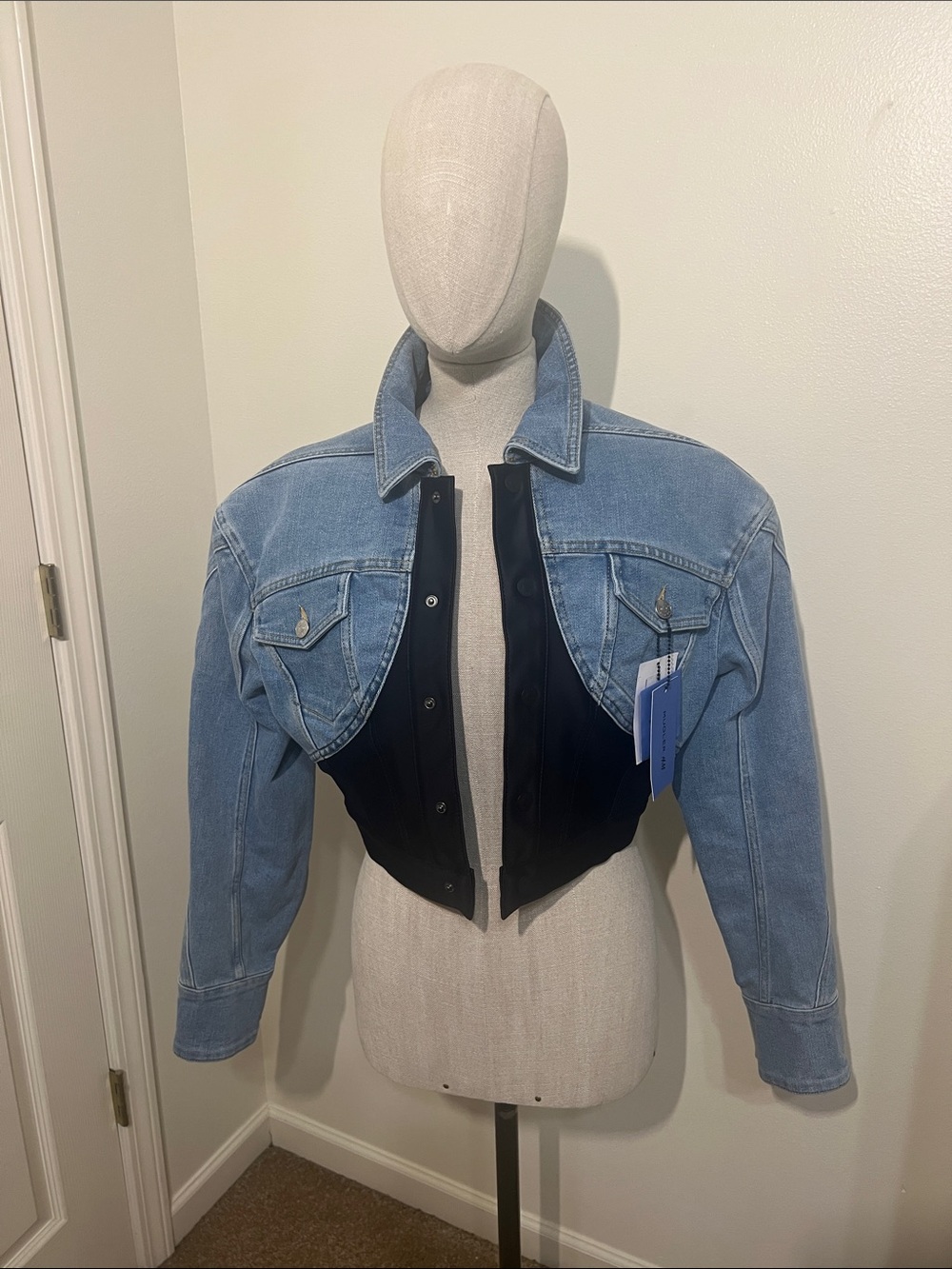 H&M x Mugler Two-Tone Cropped Denim Jacket in Light Blue and Black